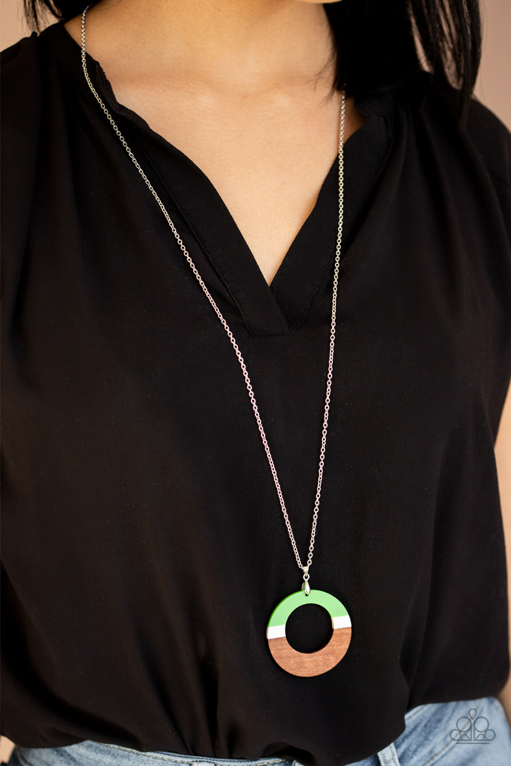 Sail Into The Sunset- Green and Silver Wooden Necklace- Paparazzi Accessories
