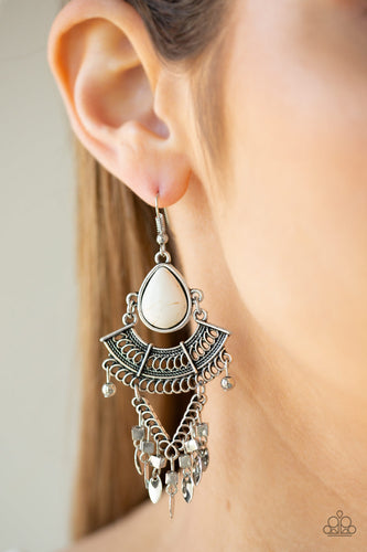 Vintage Vagabond- White and Silver Earrings- Paparazzi Accessories