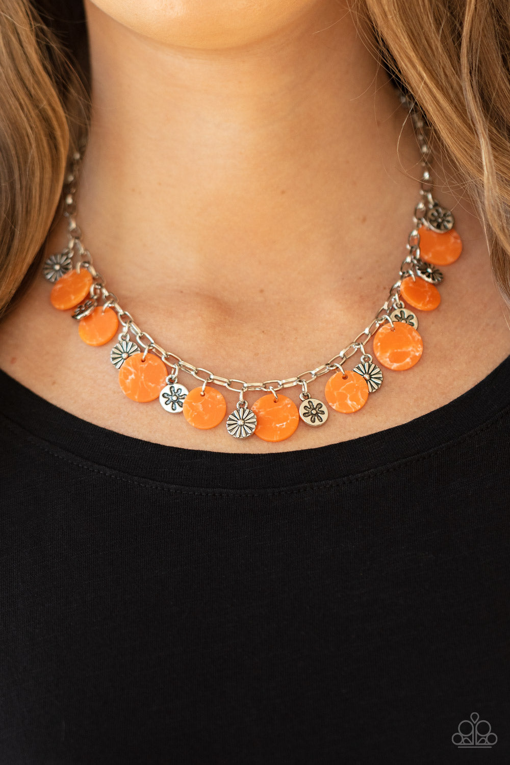 Flower Powered- Orange and Silver Necklace- Paparazzi Accessories