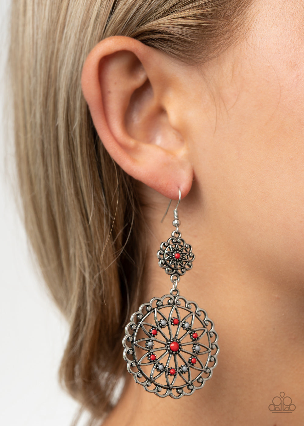 Beaded Brilliance- Red and Silver Earrings- Paparazzi Accessories