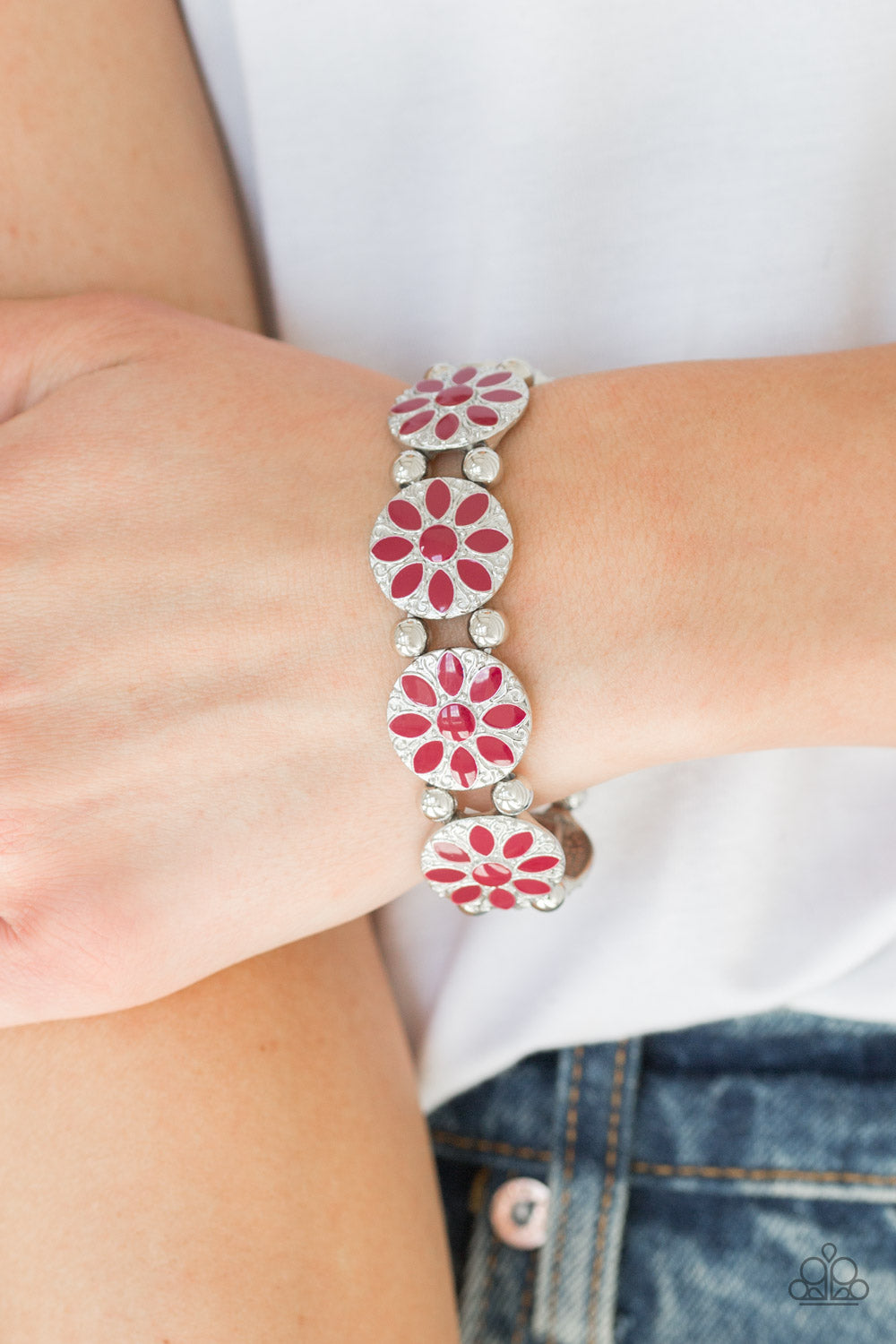 Dancing Dahlias- Red and Silver Bracelet- Paparazzi Accessories