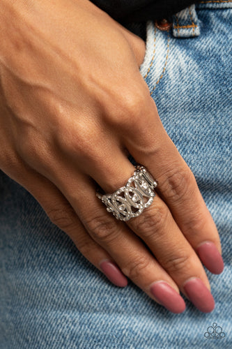 OVAL-Ruled- White and Silver Ring- Paparazzi Accessories