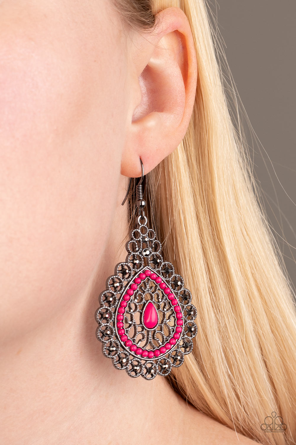 Carnival Courtesan- Pink and Gunmetal Earrings- Paparazzi Accessories