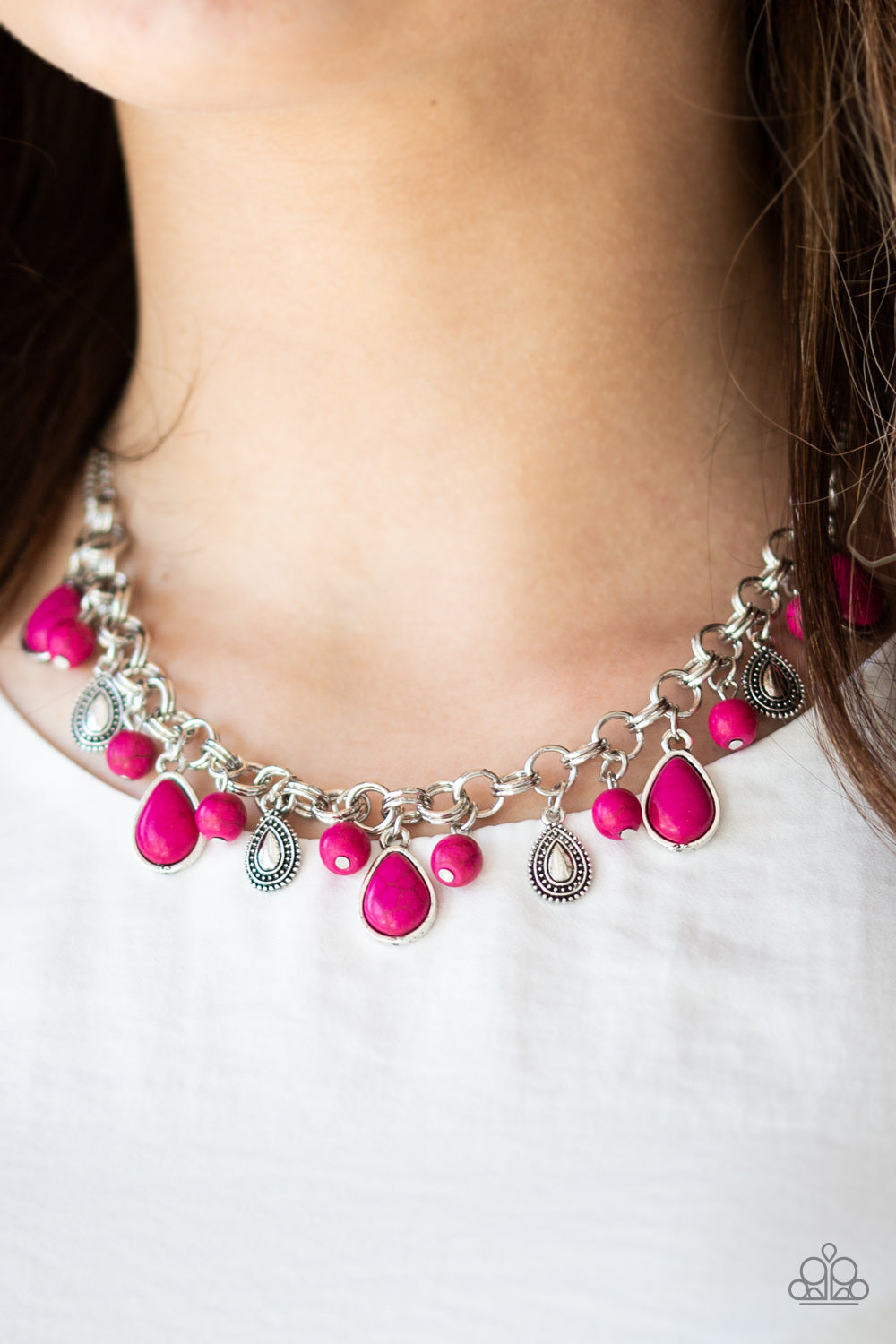 Welcome To Bedrock- Pink and Silver Necklace- Paparazzi Accessories