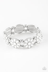 Dancing Dahlias- White and Silver Bracelet- Paparazzi Accessories