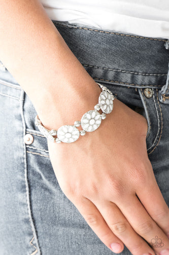 Dancing Dahlias- White and Silver Bracelet- Paparazzi Accessories