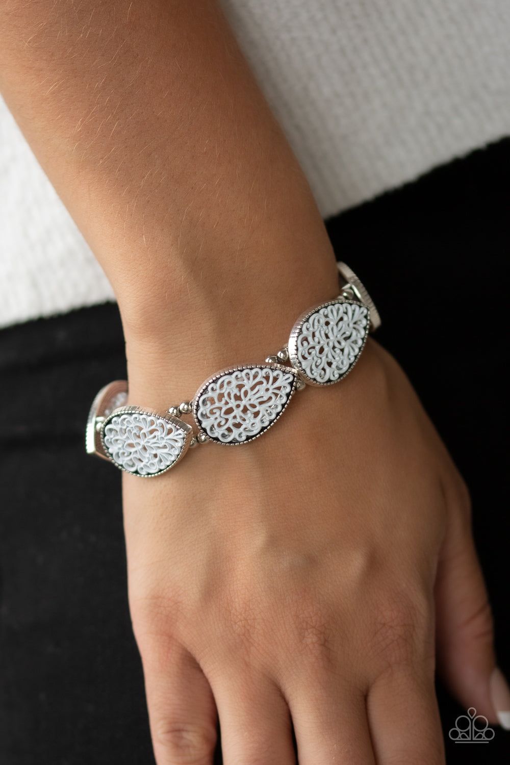 Heirloom Hunter- White and Silver Bracelet- Paparazzi Accessories