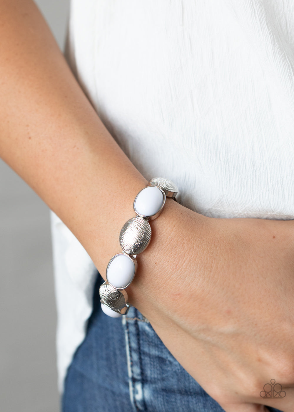Decadently Dewy- White and Silver Bracelet- Paparazzi Accessories
