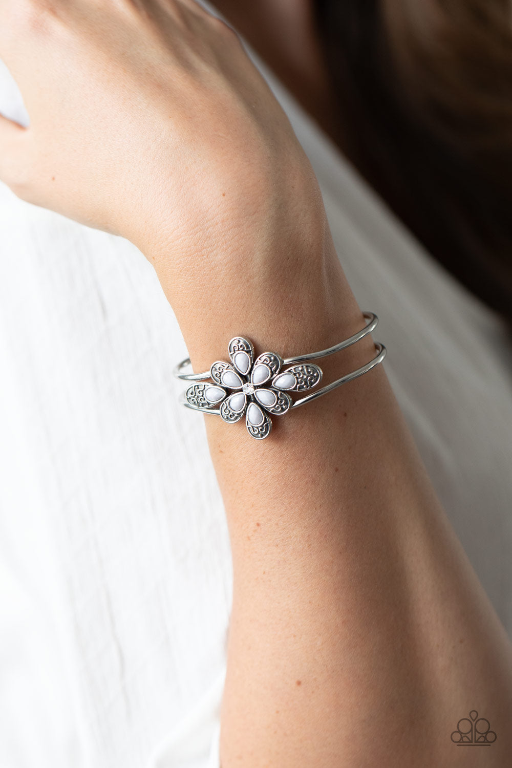 Go With The FLORALS- Silver and White Bracelet- Paparazzi Accessories