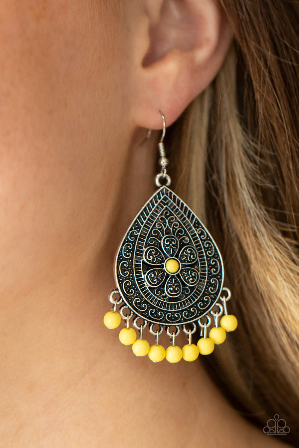 Blossoming Teardrops- Yellow and Silver Earrings- Paparazzi Accessories