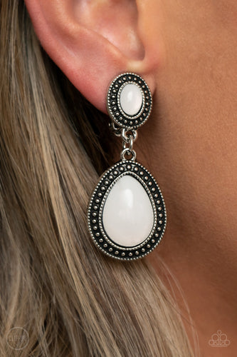 Carefree Clairvoyance- White and Silver Clip-On Earrings- Paparazzi Accessories