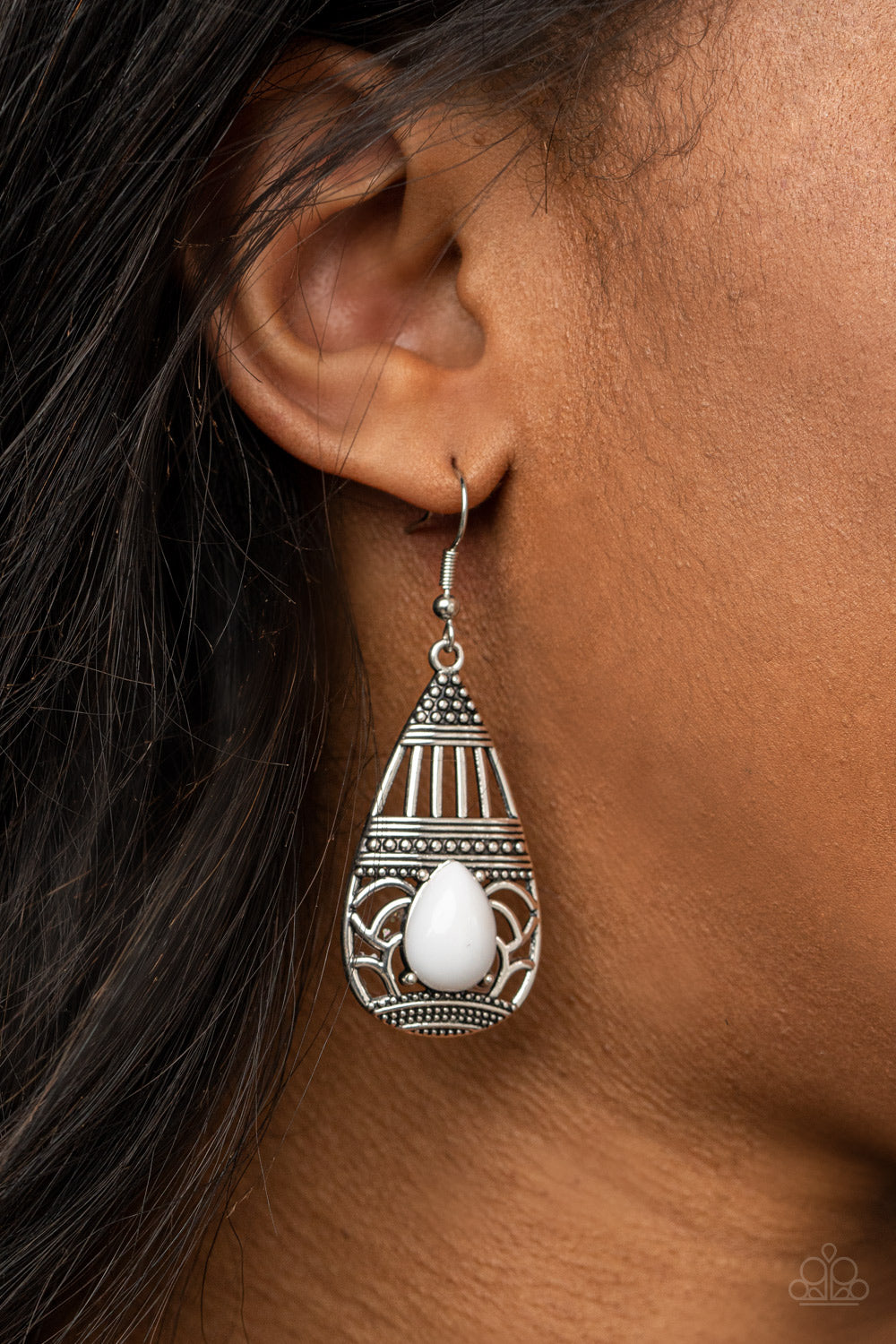 Eastern Essence- White and Silver Earrings- Paparazzi Accessories