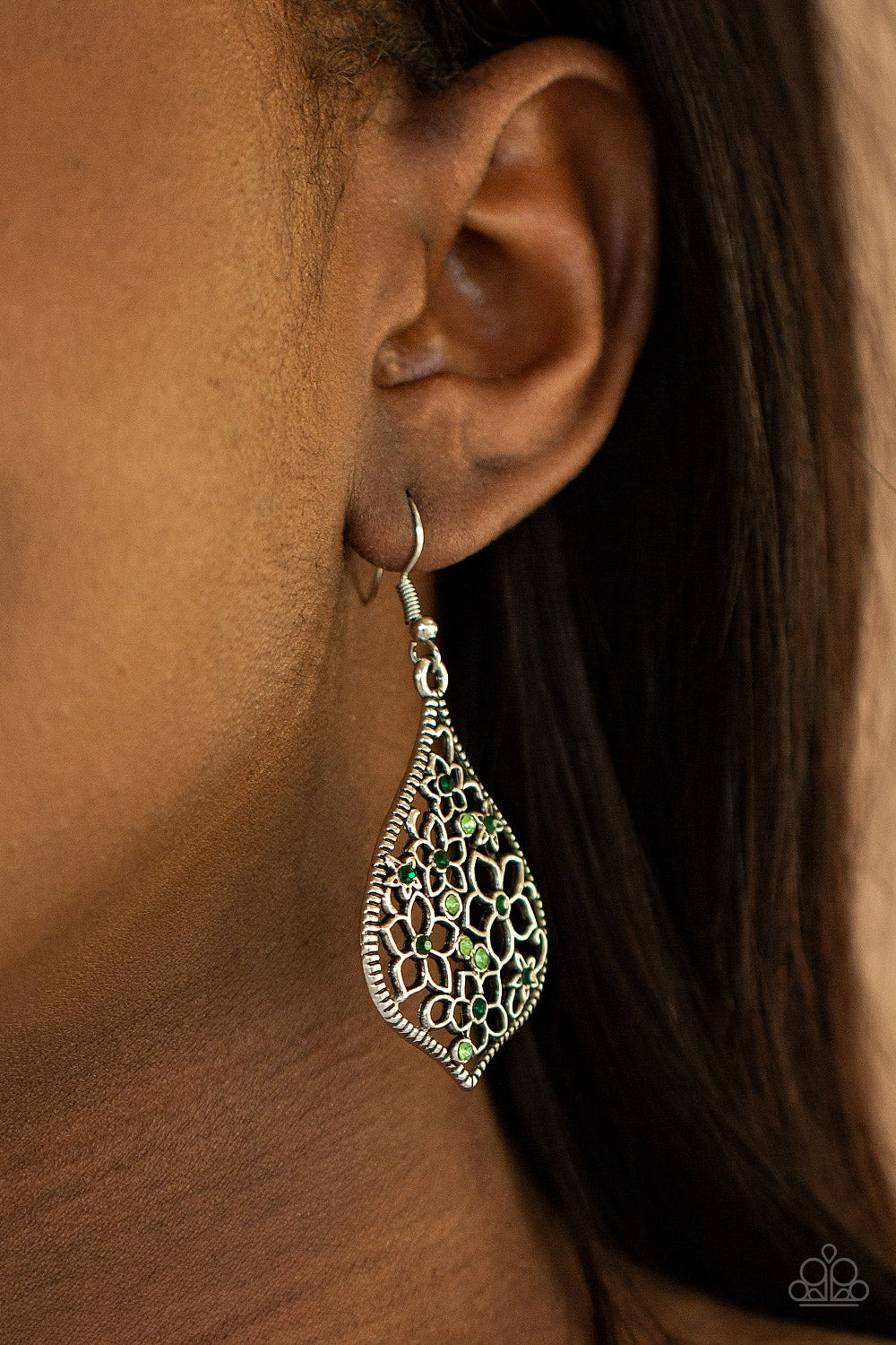 Full Out Florals- Green and Silver Earrings- Paparazzi Accessories