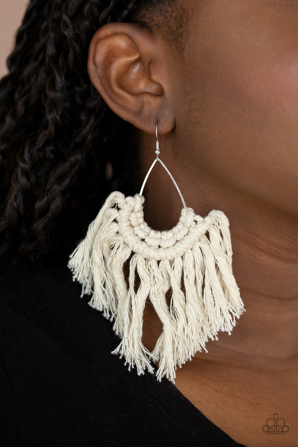 Wanna Piece Of MACRAME- White and Silver Earrings- Paparazzi Accessories