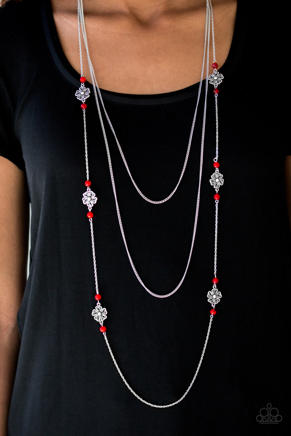 Hibiscus Hideaway- Red and Silver Necklace- Paparazzi Accessories