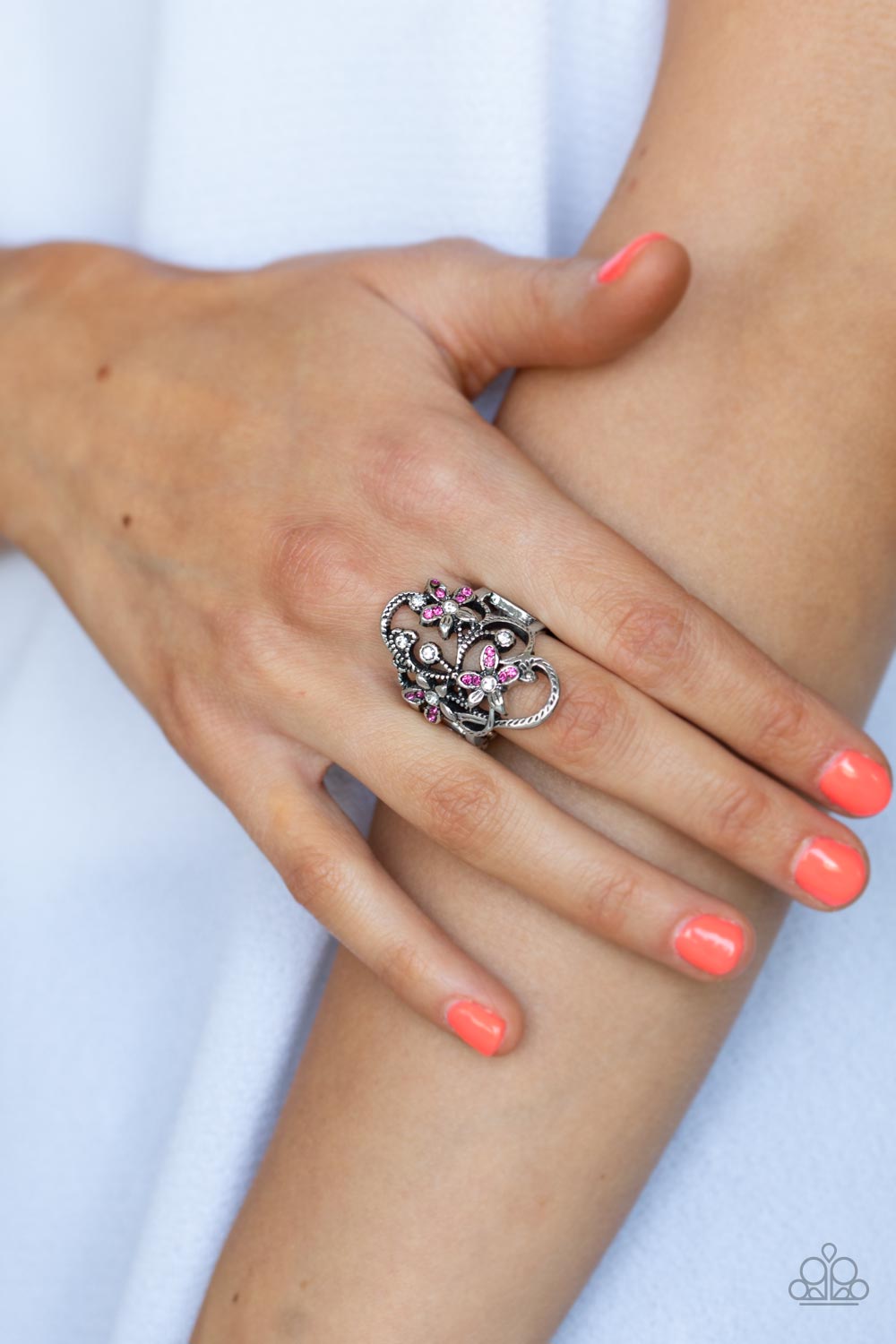 Flirtatiously Flowering - Pink and Silver Ring- Paparazzi Accessories