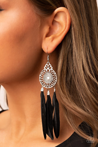 Pretty in PLUMES - Black and Silver Earrings- Paparazzi Accessories