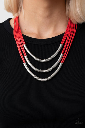 Mechanical Mania - Red and Silver Necklace- Paparazzi Accessories