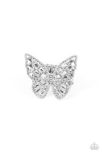 Bright-Eyed Butterfly - White and Silver Ring- Paparazzi Accessories