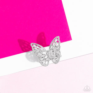 Bright-Eyed Butterfly - White and Silver Ring- Paparazzi Accessories