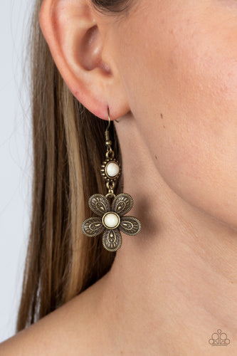 Free-Spirited Flourish - White and Brass Earrings- Paparazzi Accessories