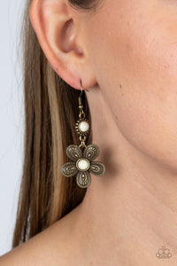 Free-Spirited Flourish - White and Brass Earrings- Paparazzi Accessories