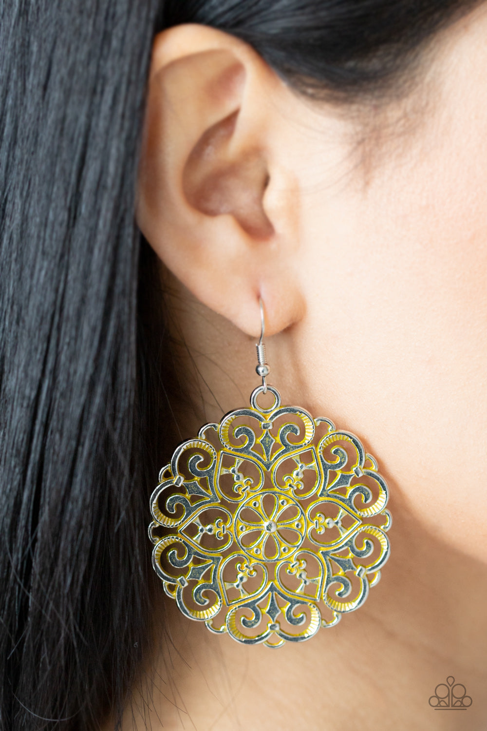 MANDALA Effect- Yellow and Silver Earrings- Paparazzi Accessories