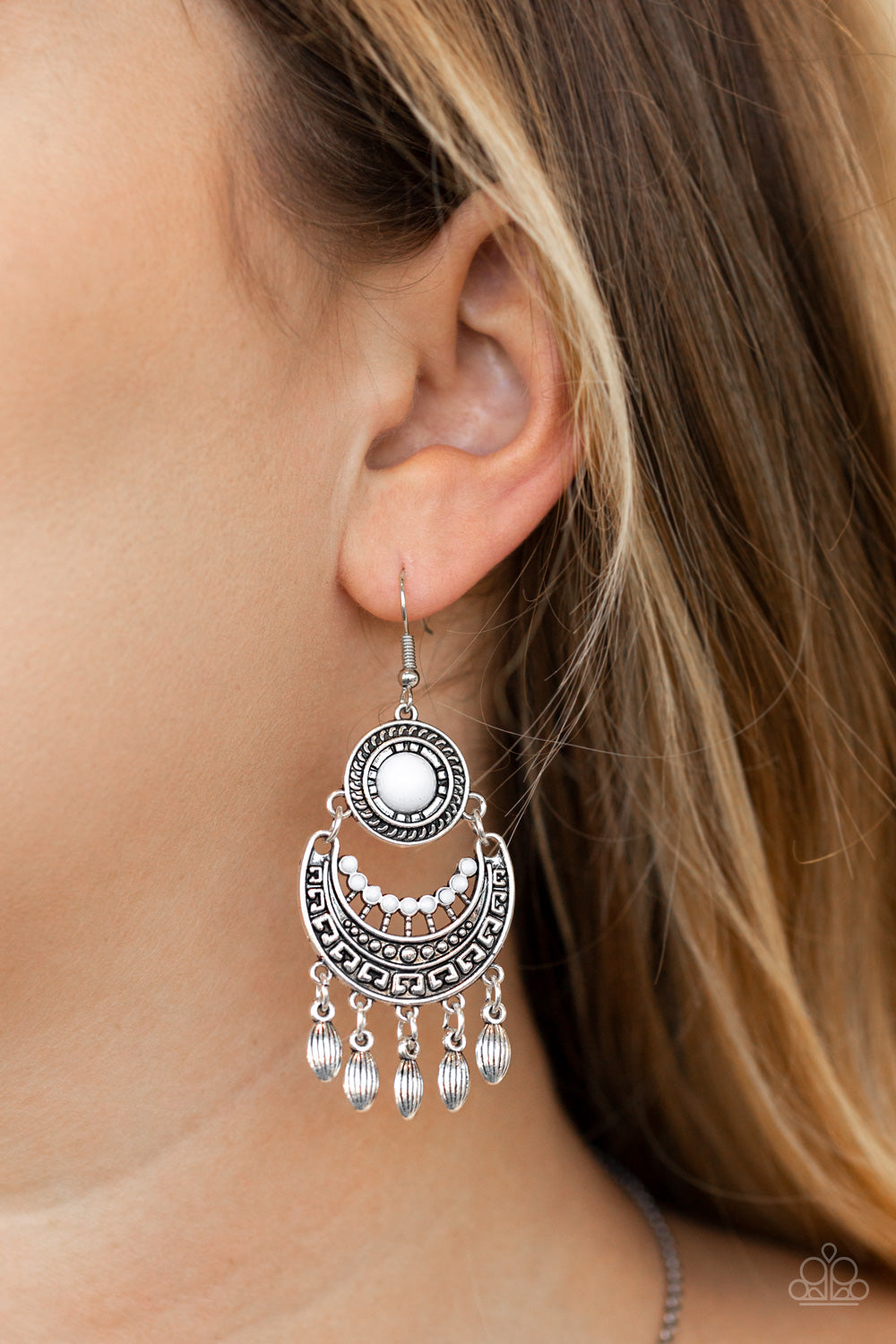 Mantra to Mantra- White and Silver Earrings- Paparazzi Accessories