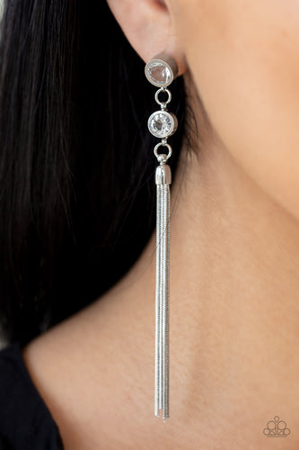 Tassel Twinkle- White and Silver Earrings- Paparazzi Accessories