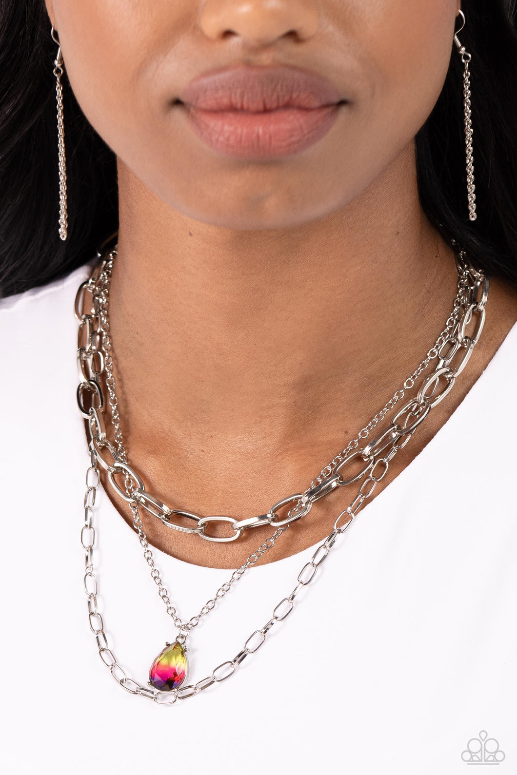 Teardrop Tiers - Multicolored Silver Necklace- PaparazzI Accessories