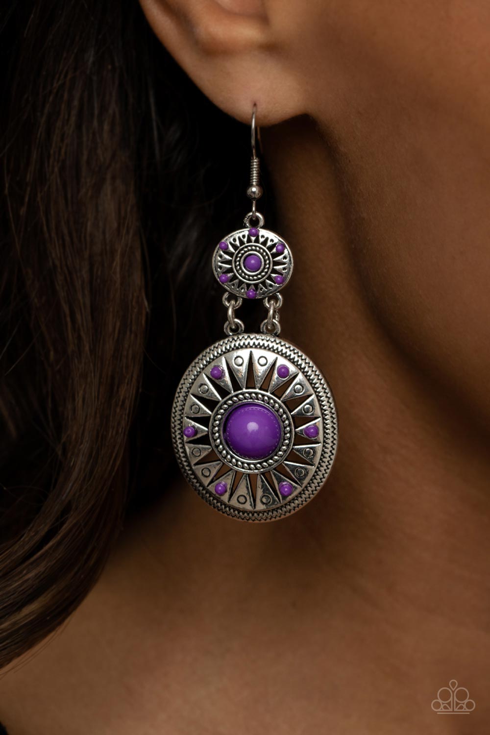 Temple Of The Sun- Purple and Silver Earrings- Paparazzi Accessories