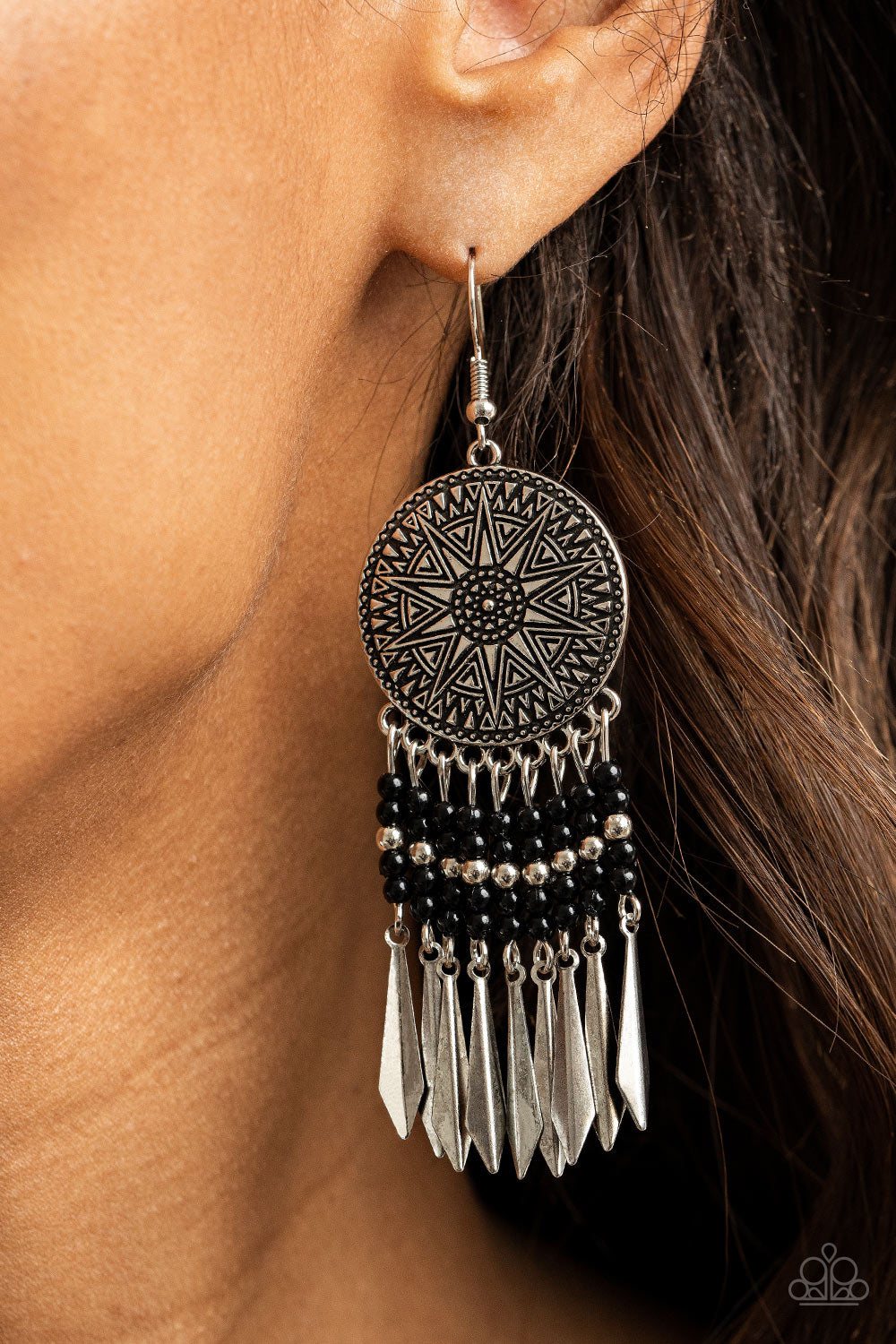 Sun Warrior- Black and Silver Earrings- Paparazzi Accessories