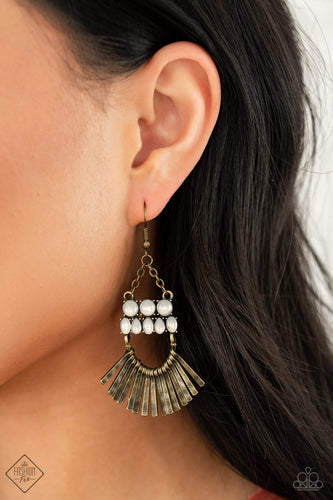 A FLARE For Fierceness- White and Brass Earrings- Paparazzi Accessories